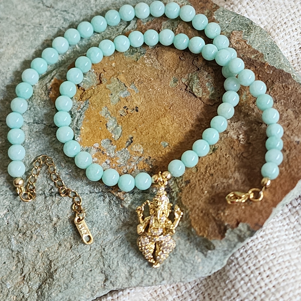 Natural Amazonite Stones Necklace 14kt Gold Plated Wealth Ganesh Topaz